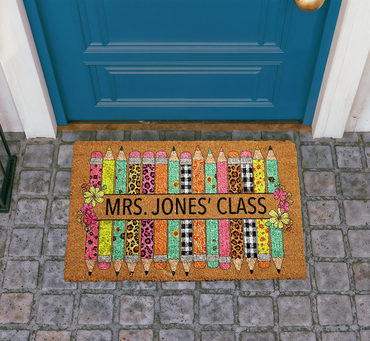 Personalized Teacher Classroom Doormat, Colorful Pencils Welcome Mat