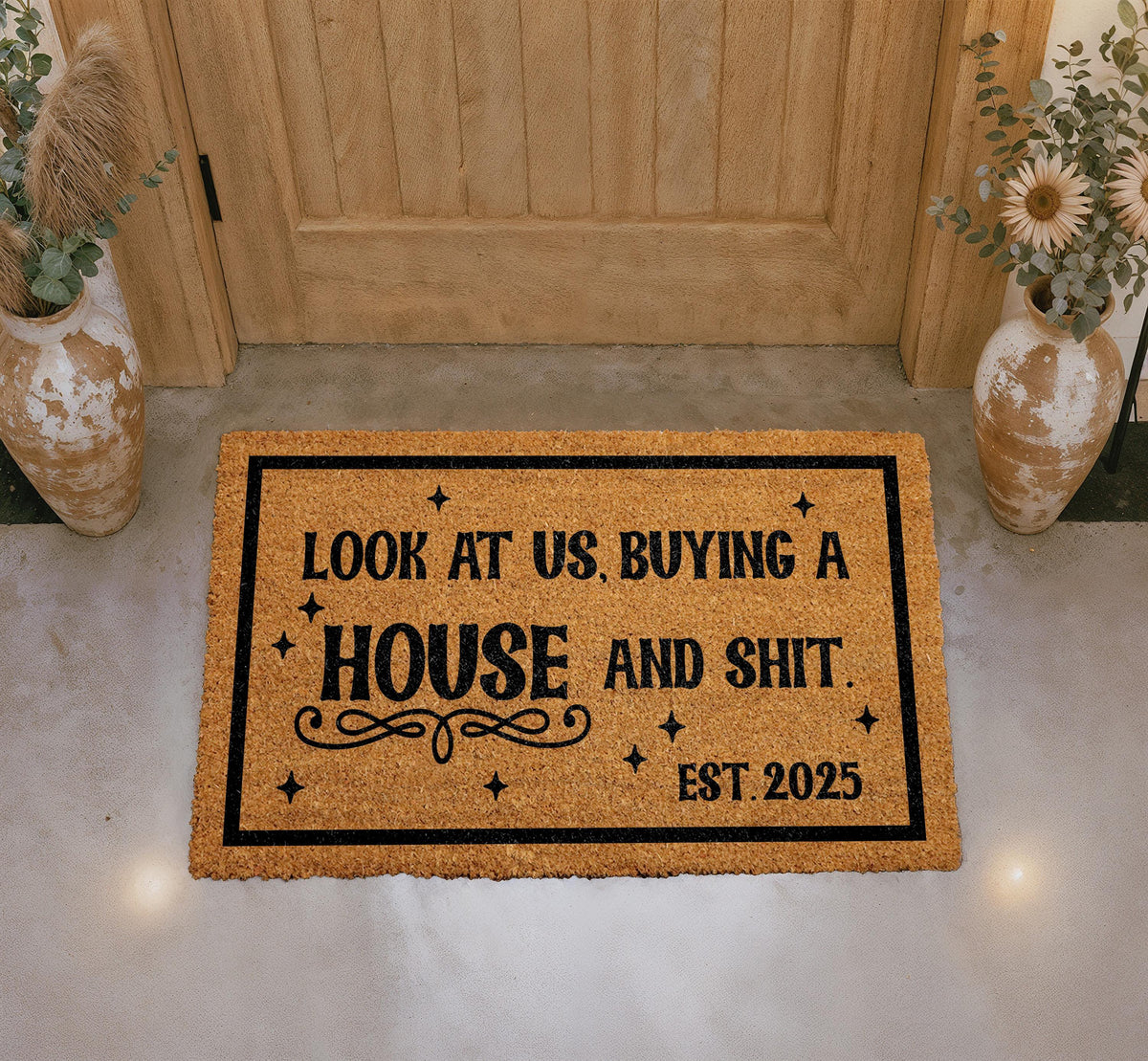 Funny Housewarming Doormat, Personalized Coir Welcome Mat (Est. 2025)