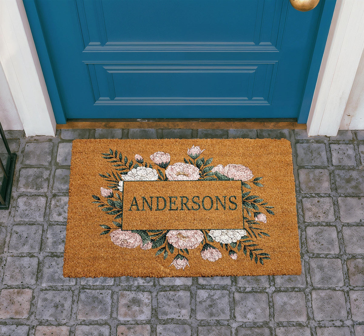 Personalized Floral Coir Doormat, Custom Family Name Welcome Mat (18"x30")