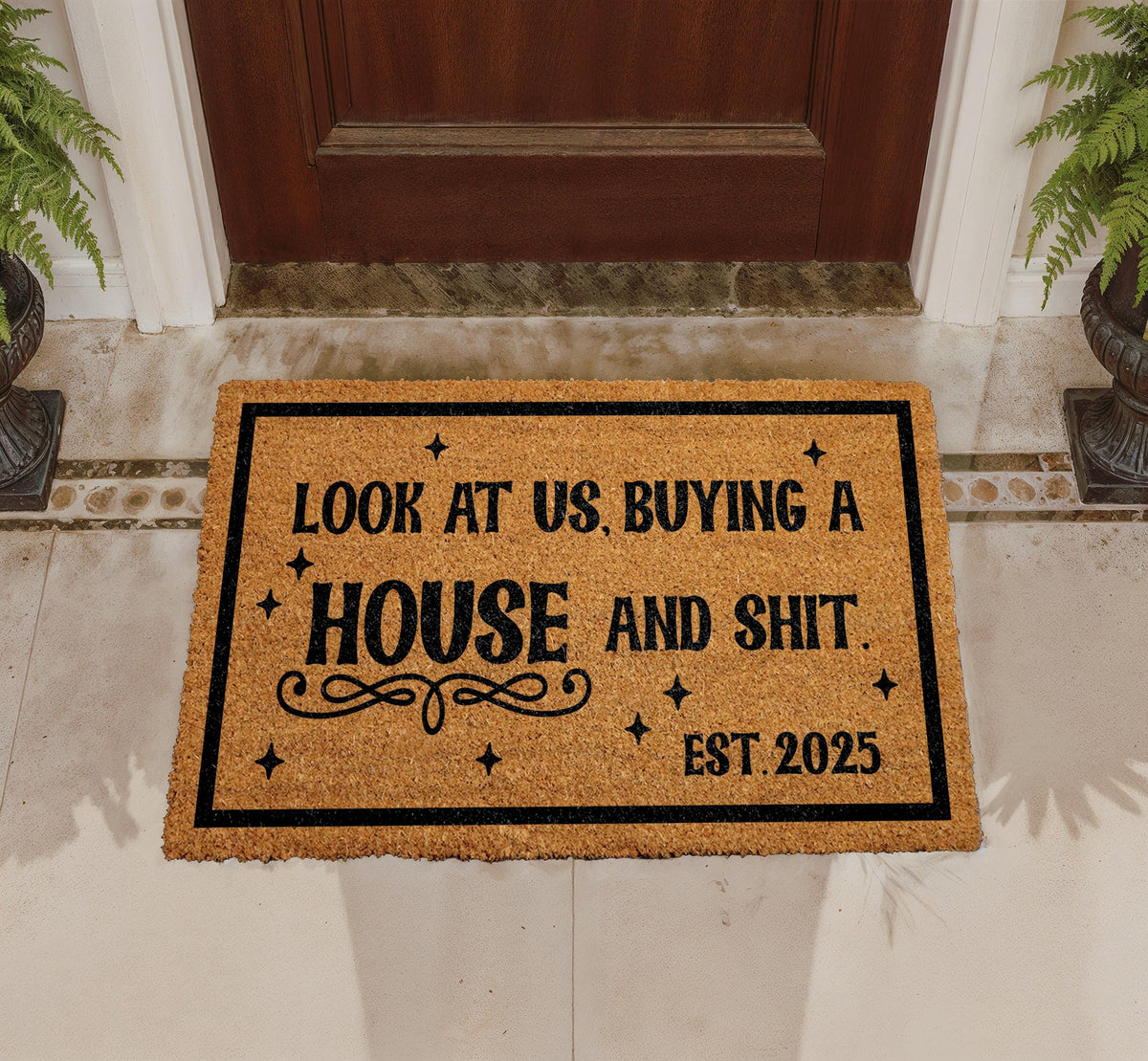 Funny Housewarming Doormat, Personalized Coir Welcome Mat (Est. 2025)