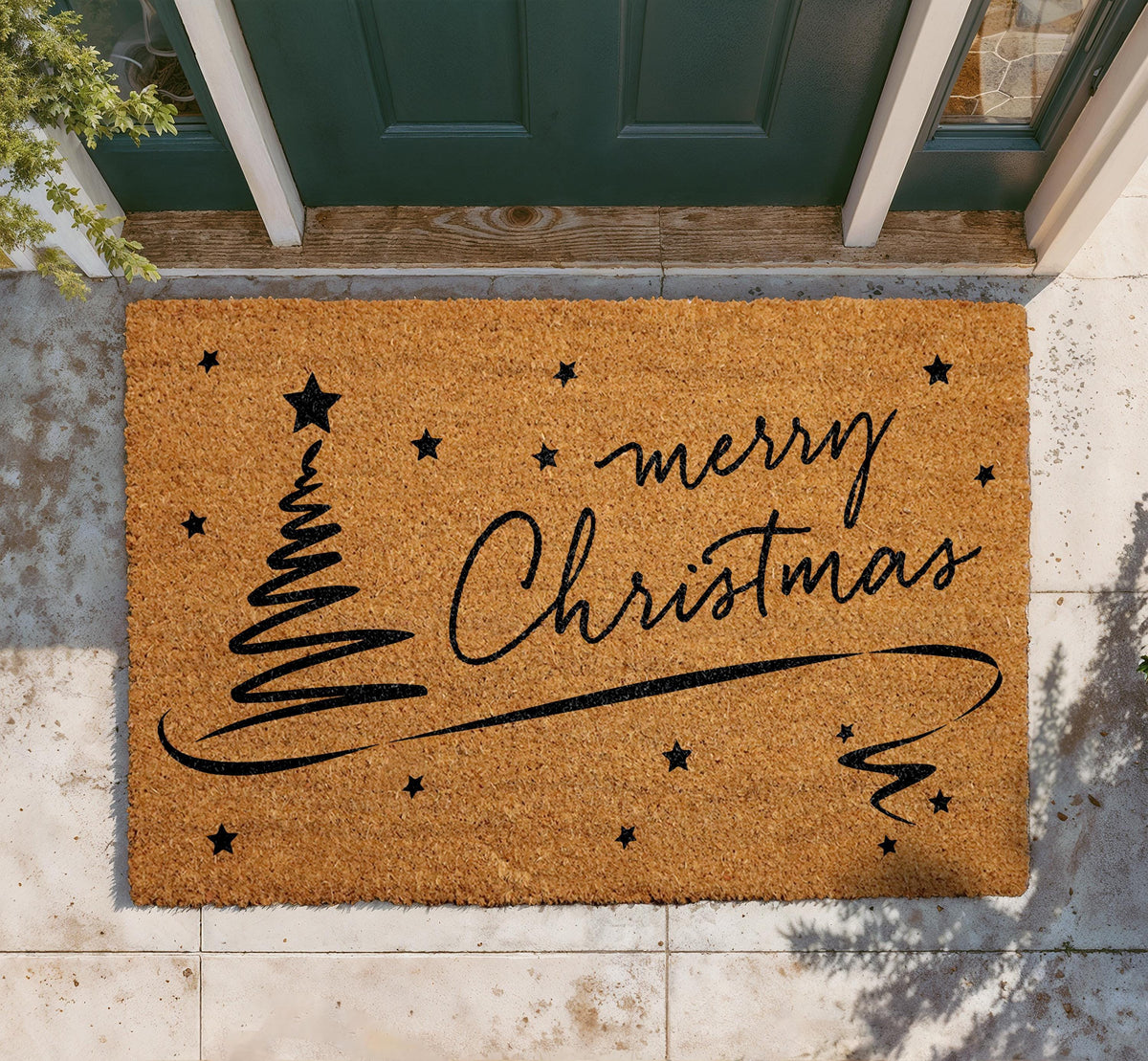Merry Christmas Coir Doormat, Festive Tree Welcome Mat, Front Porch Decor