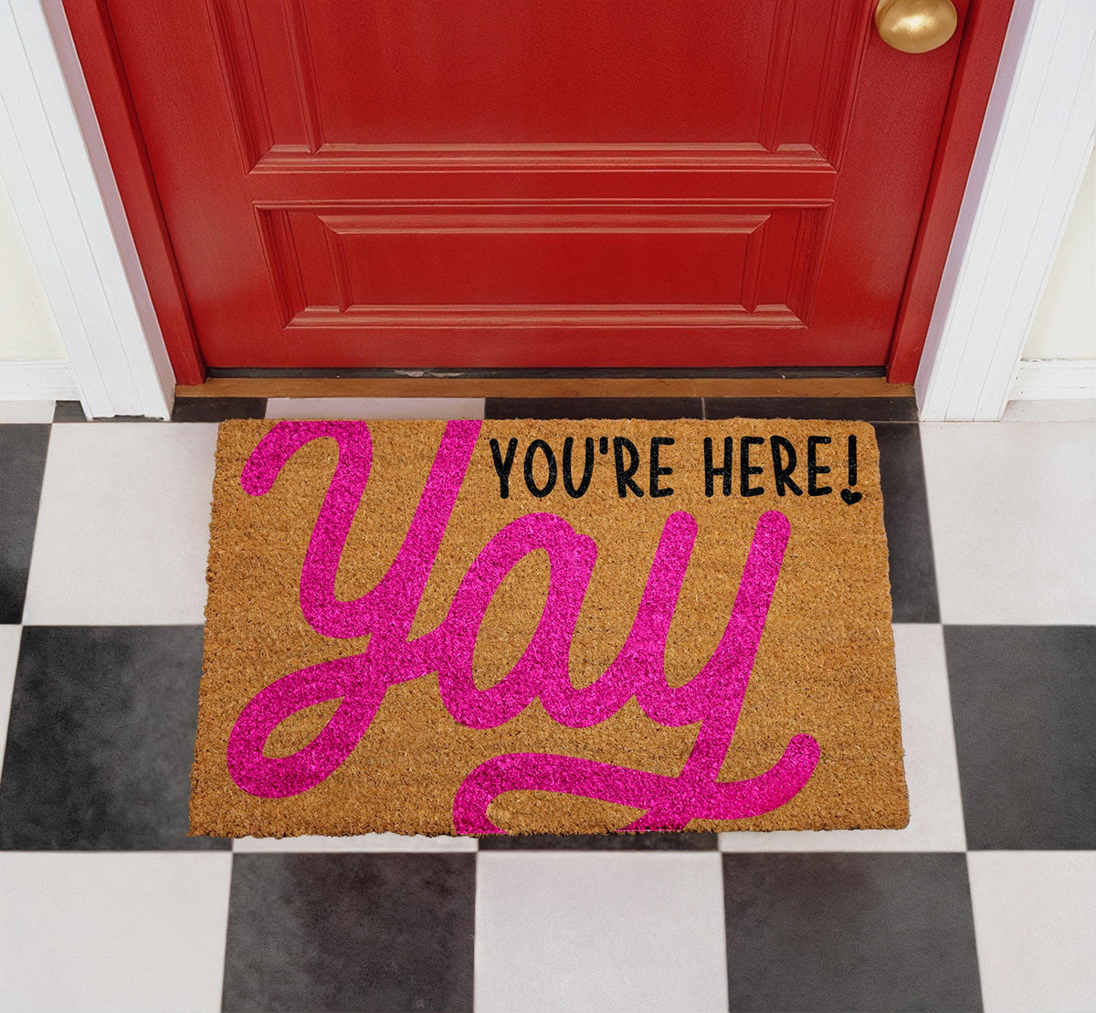 Yay You're Here Doormat, Cheerful Welcome Mat, Natural Coir Entryway Rug