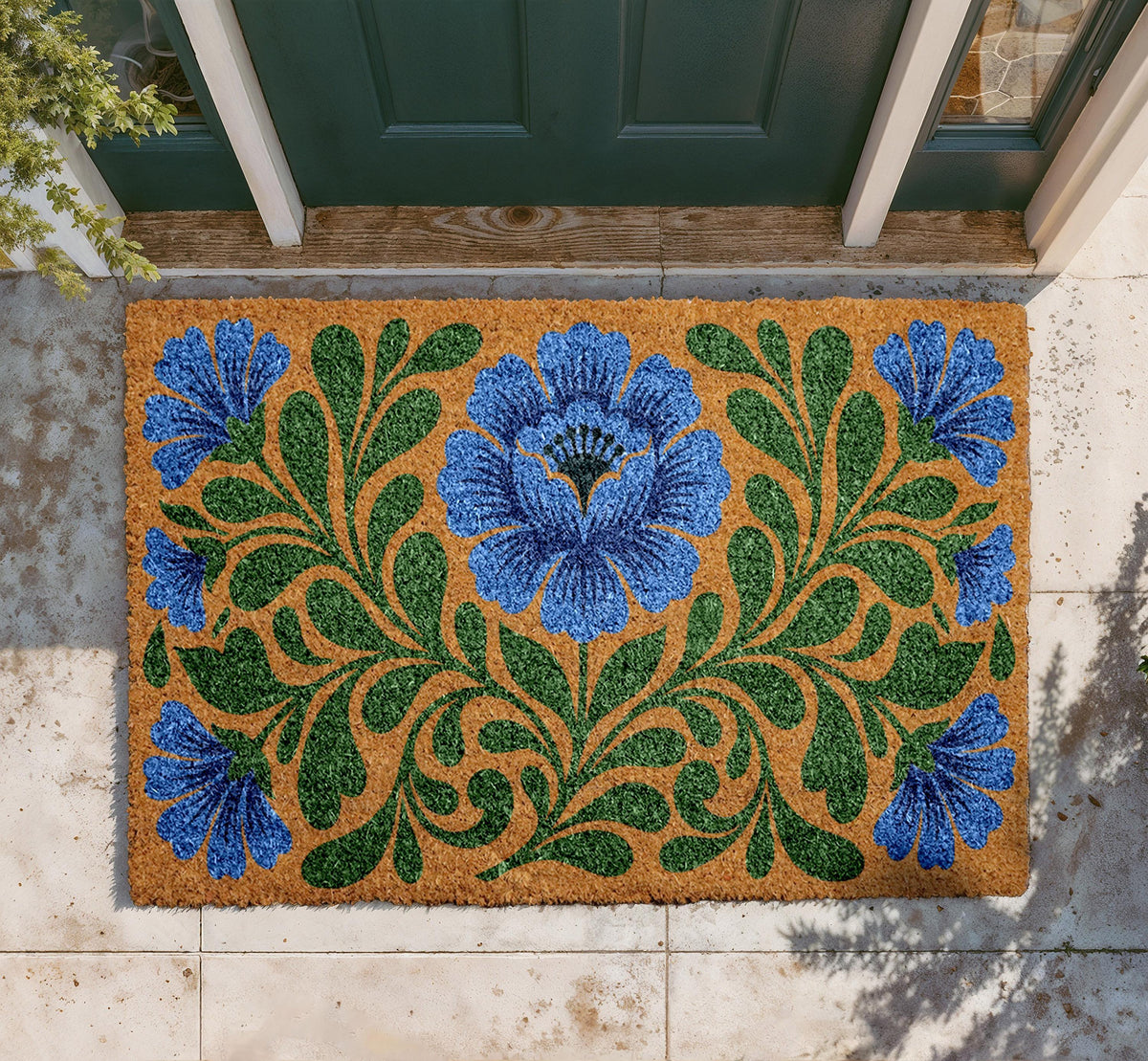 Personalized Blue Floral Coir Doormat, Botanical Welcome Mat (Custom Name)