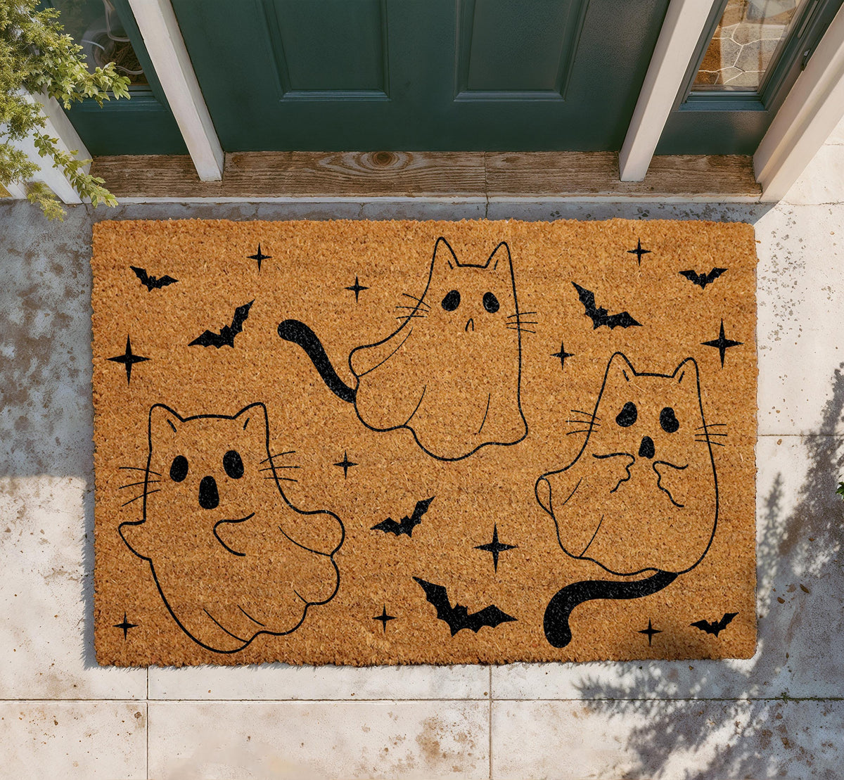 Ghost Cat Doormat, Halloween Bats Coir Entry Rug, Spooky Outdoor Welcome Mat
