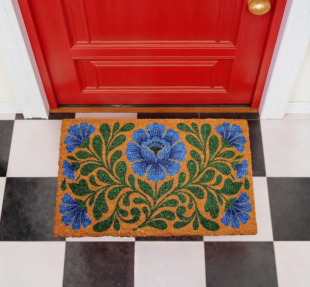 Personalized Blue Floral Coir Doormat, Botanical Welcome Mat (Custom Name)