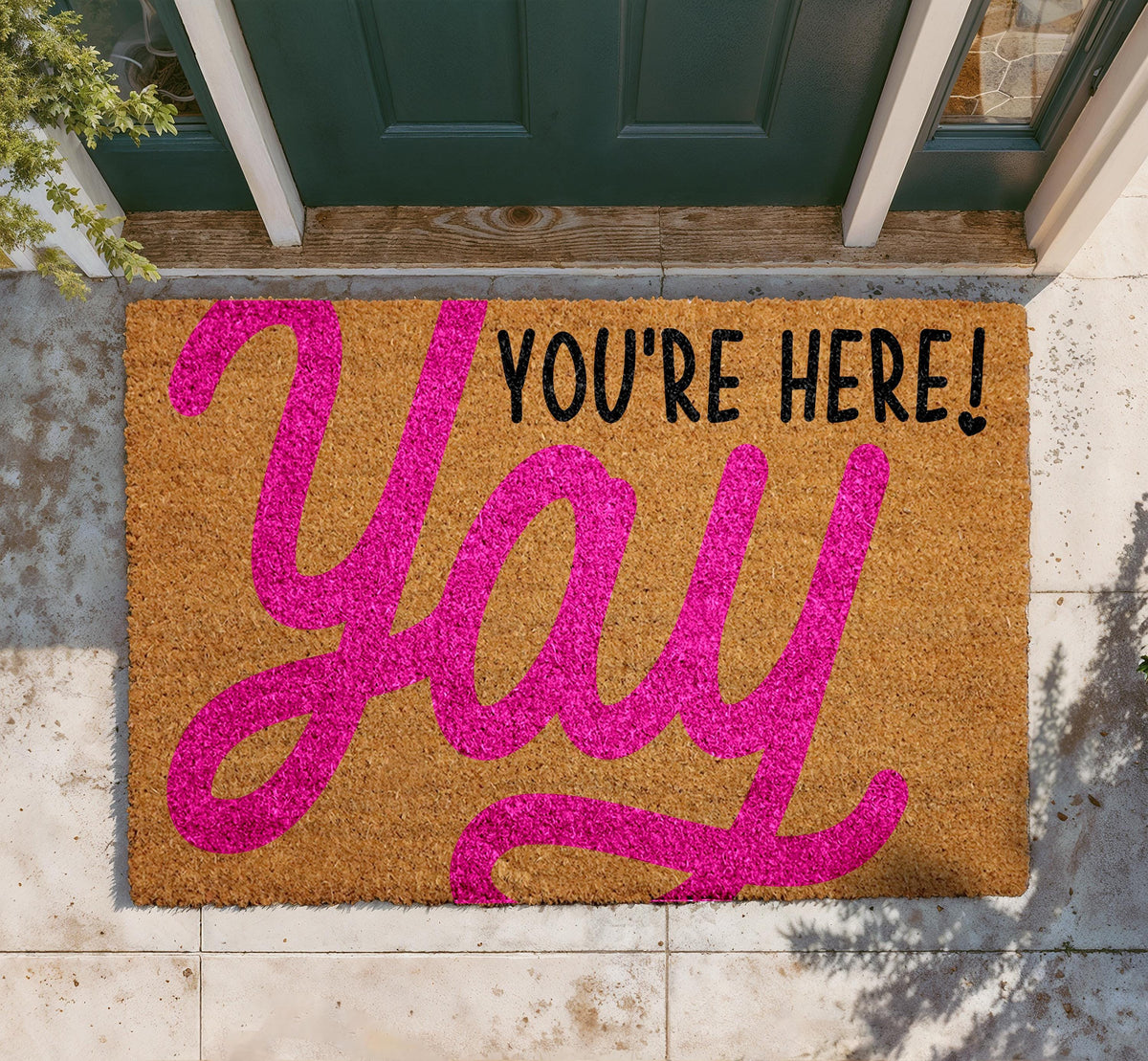 Yay You're Here Doormat, Cheerful Welcome Mat, Natural Coir Entryway Rug