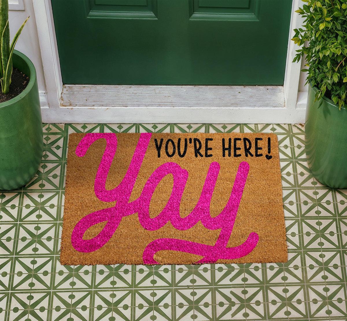 Yay You're Here Doormat, Cheerful Welcome Mat, Natural Coir Entryway Rug