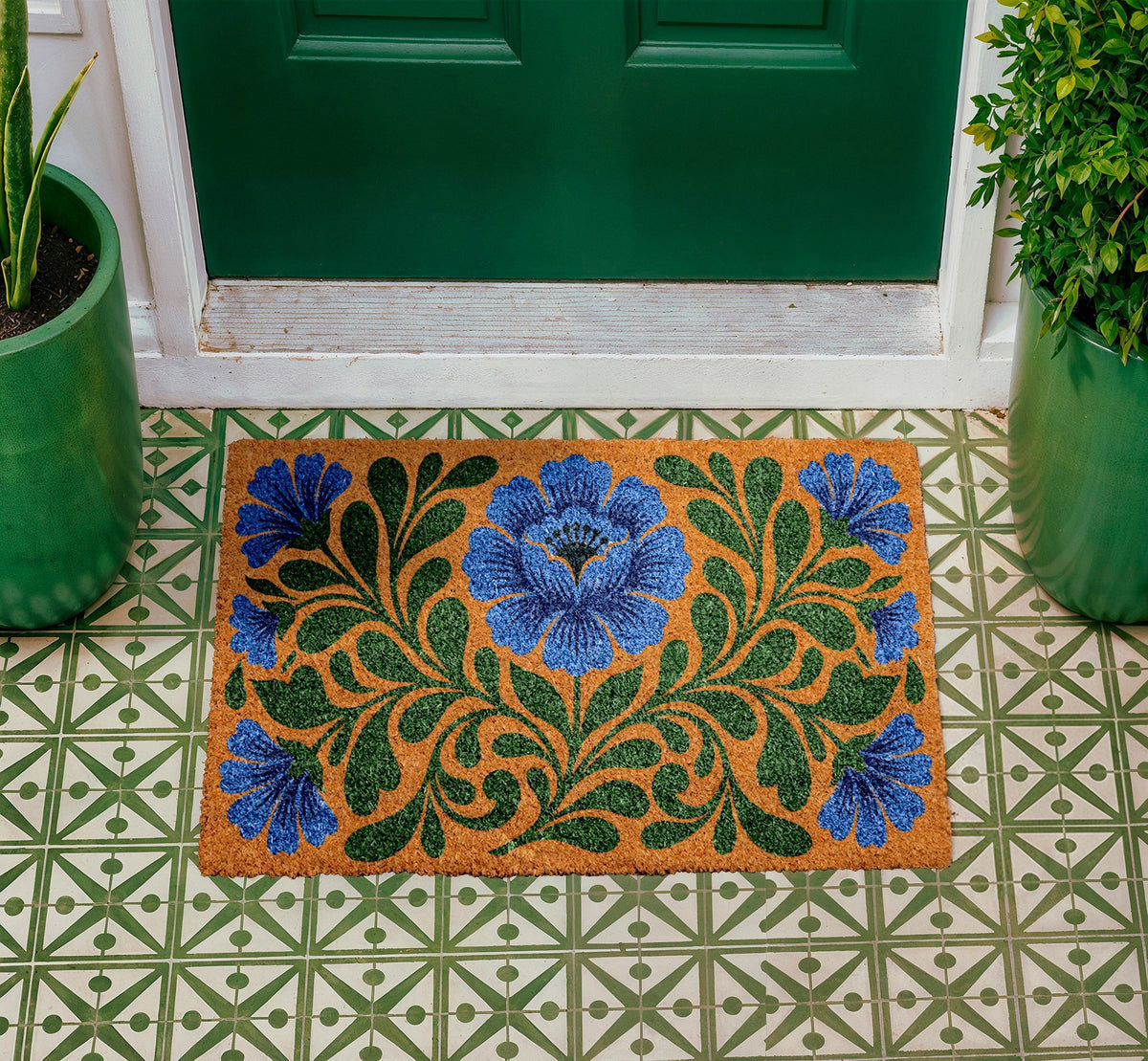 Personalized Blue Floral Coir Doormat, Botanical Welcome Mat (Custom Name)