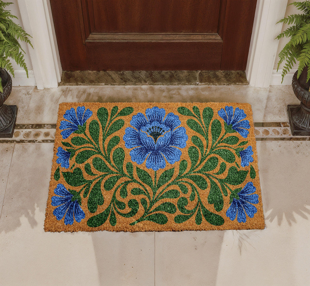Personalized Blue Floral Coir Doormat, Botanical Welcome Mat (Custom Name)