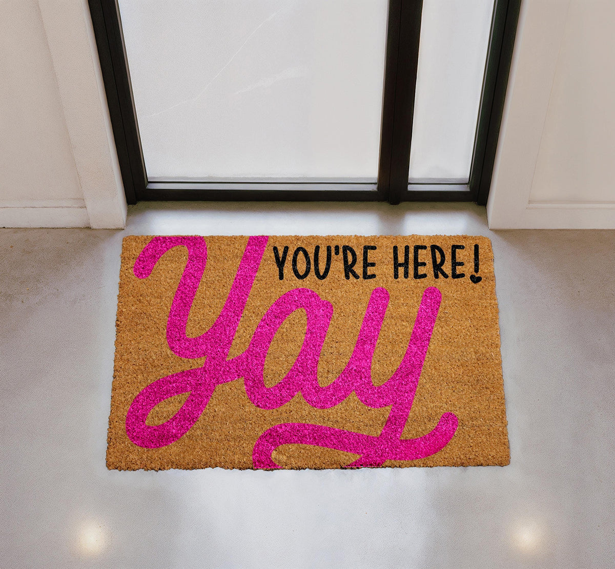 Yay You're Here Doormat, Cheerful Welcome Mat, Natural Coir Entryway Rug