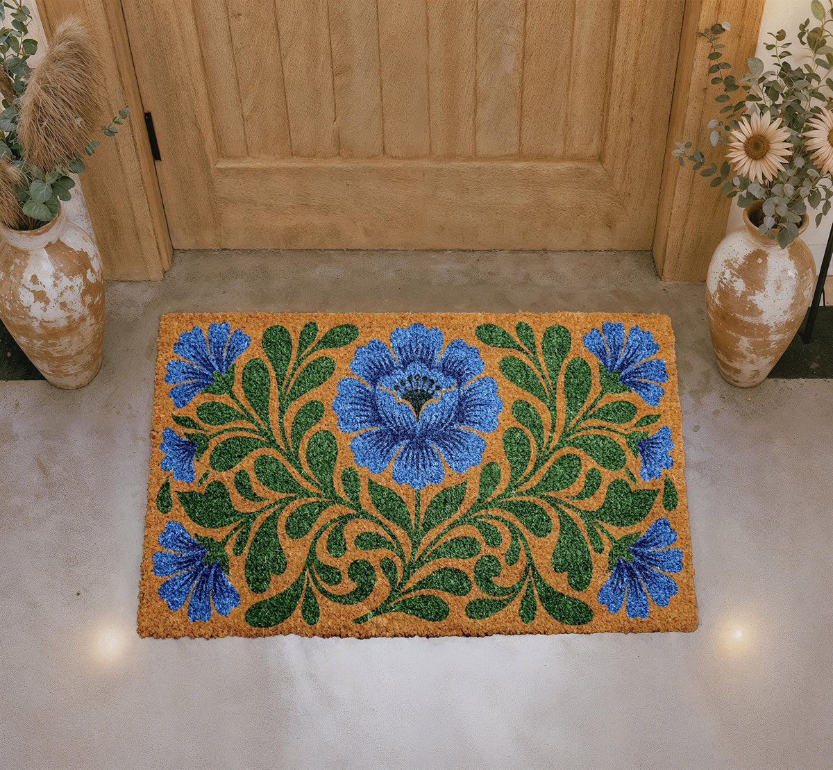 Personalized Blue Floral Coir Doormat, Botanical Welcome Mat (Custom Name)
