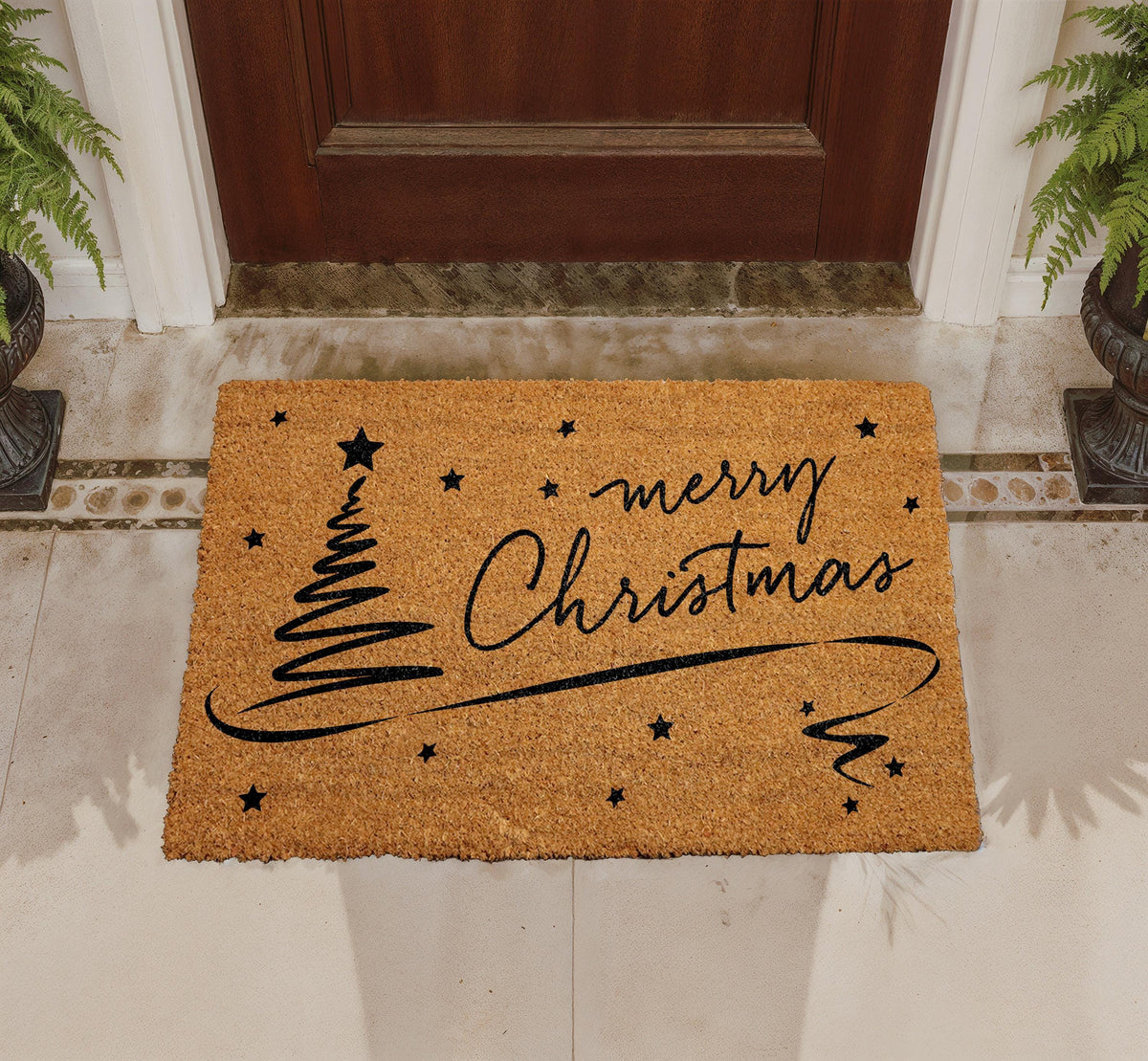 Merry Christmas Coir Doormat, Festive Tree Welcome Mat, Front Porch Decor