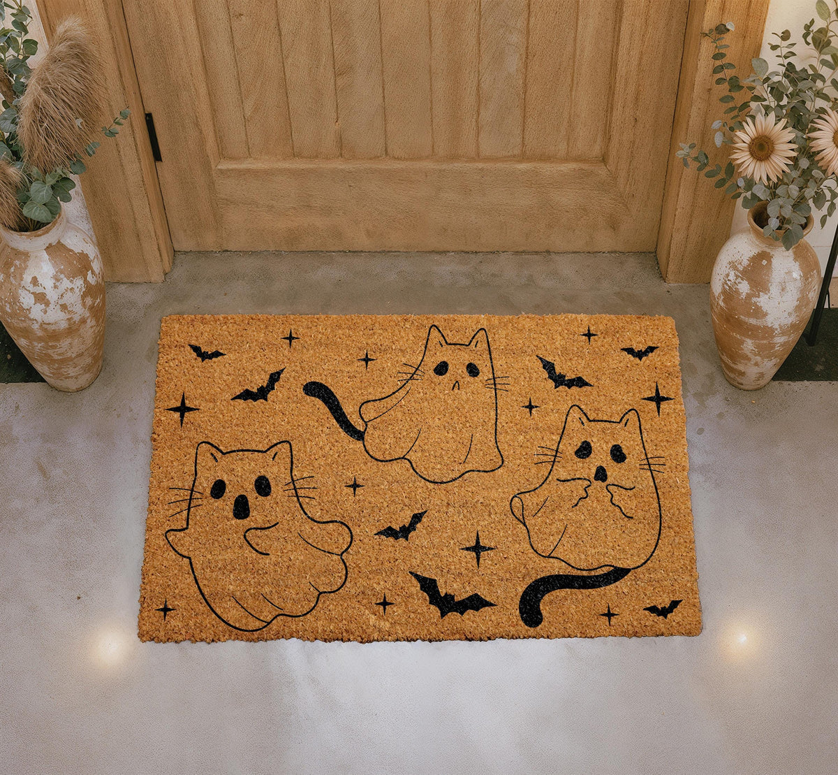 Ghost Cat Doormat, Halloween Bats Coir Entry Rug, Spooky Outdoor Welcome Mat