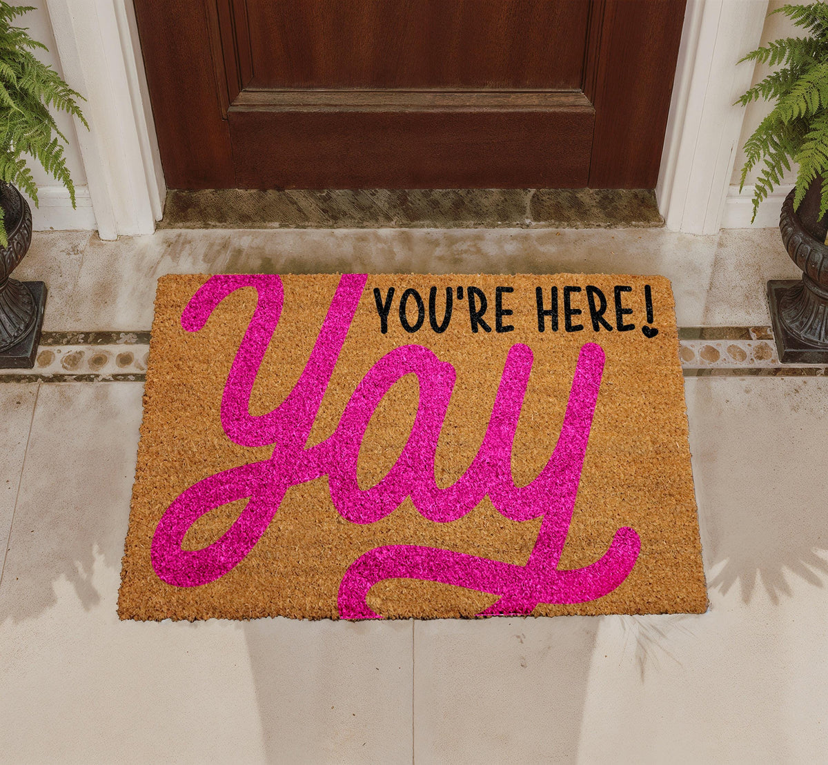 Yay You're Here Doormat, Cheerful Welcome Mat, Natural Coir Entryway Rug