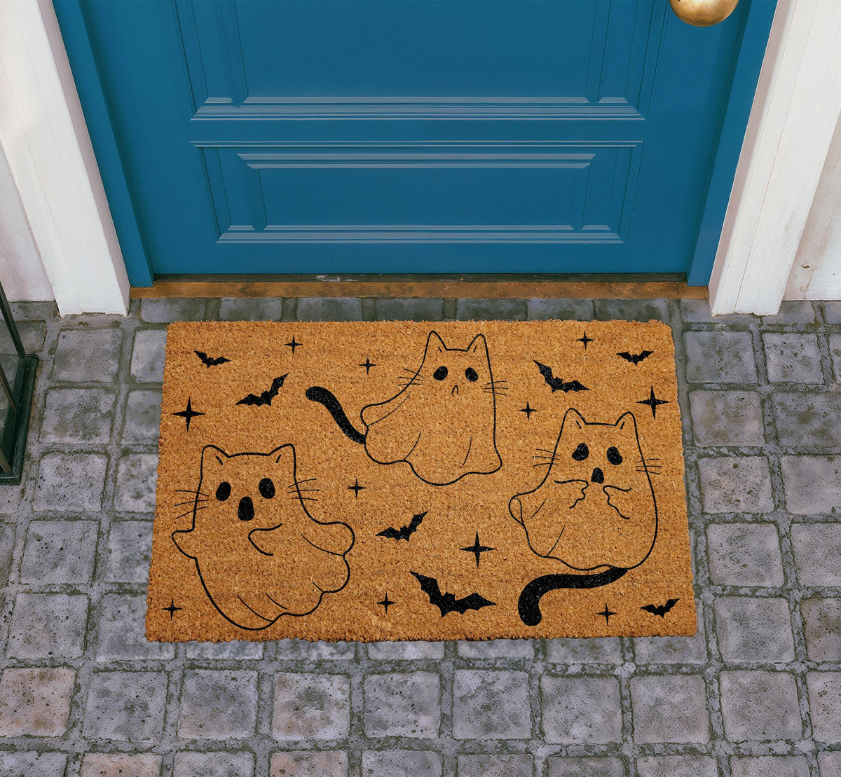 Ghost Cat Doormat, Halloween Bats Coir Entry Rug, Spooky Outdoor Welcome Mat