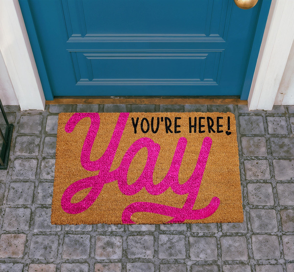 Yay You're Here Doormat, Cheerful Welcome Mat, Natural Coir Entryway Rug