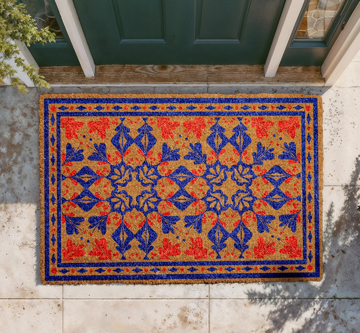 Personalized Coir Carpet Doormat, Traditional Floral Welcome Mat, Custom Entry Rug
