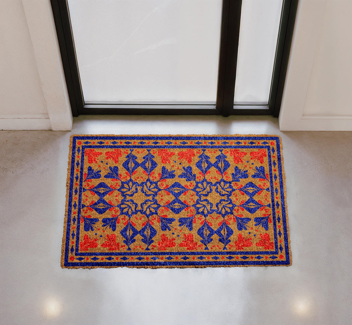 Personalized Coir Carpet Doormat, Traditional Floral Welcome Mat, Custom Entry Rug