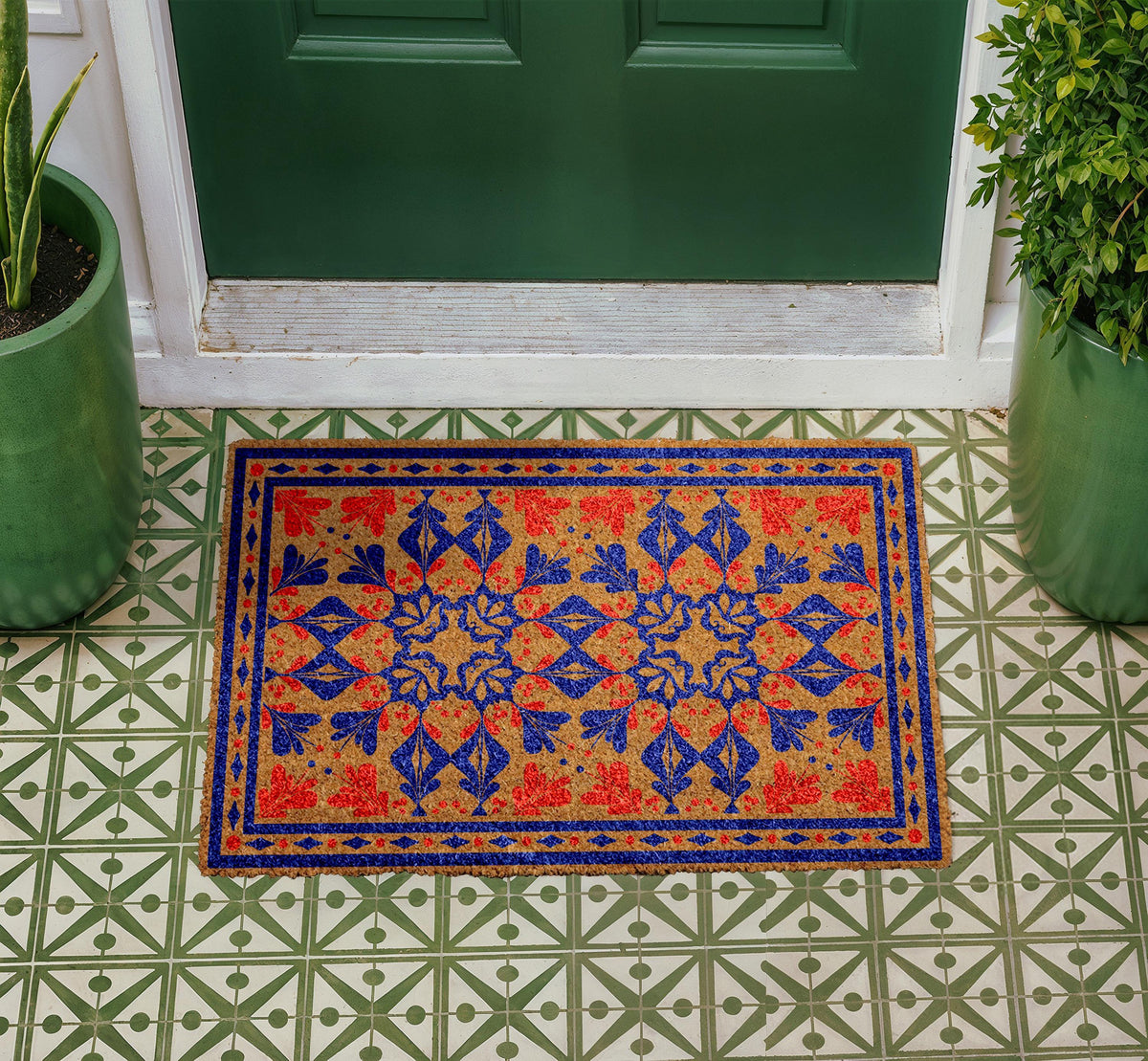 Personalized Coir Carpet Doormat, Traditional Floral Welcome Mat, Custom Entry Rug
