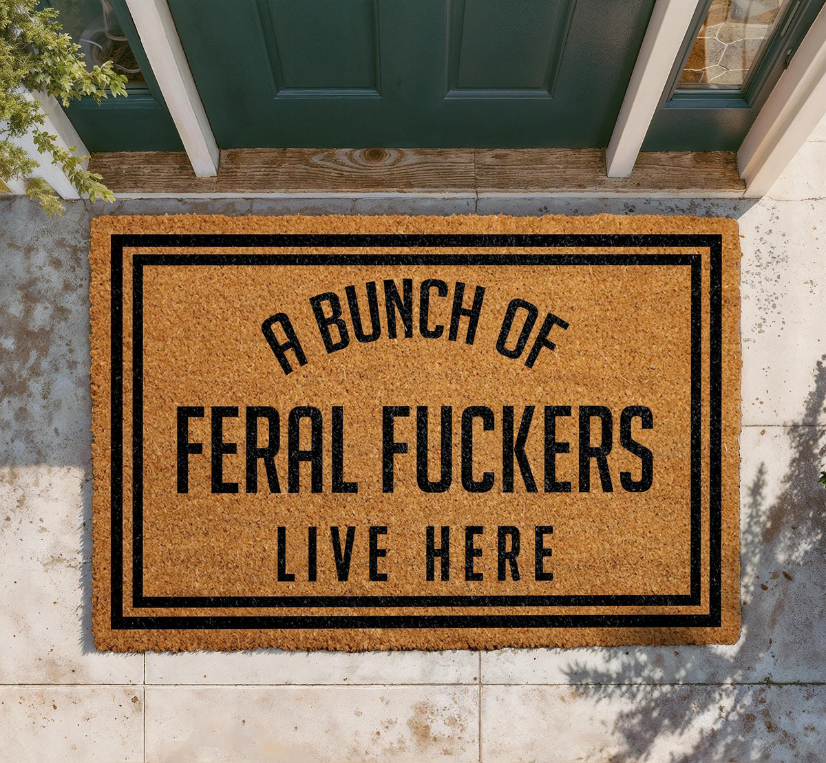 Feral Fuckers Live Here Doormat, Funny Welcome Entryway Mat, Natural Coir Rug