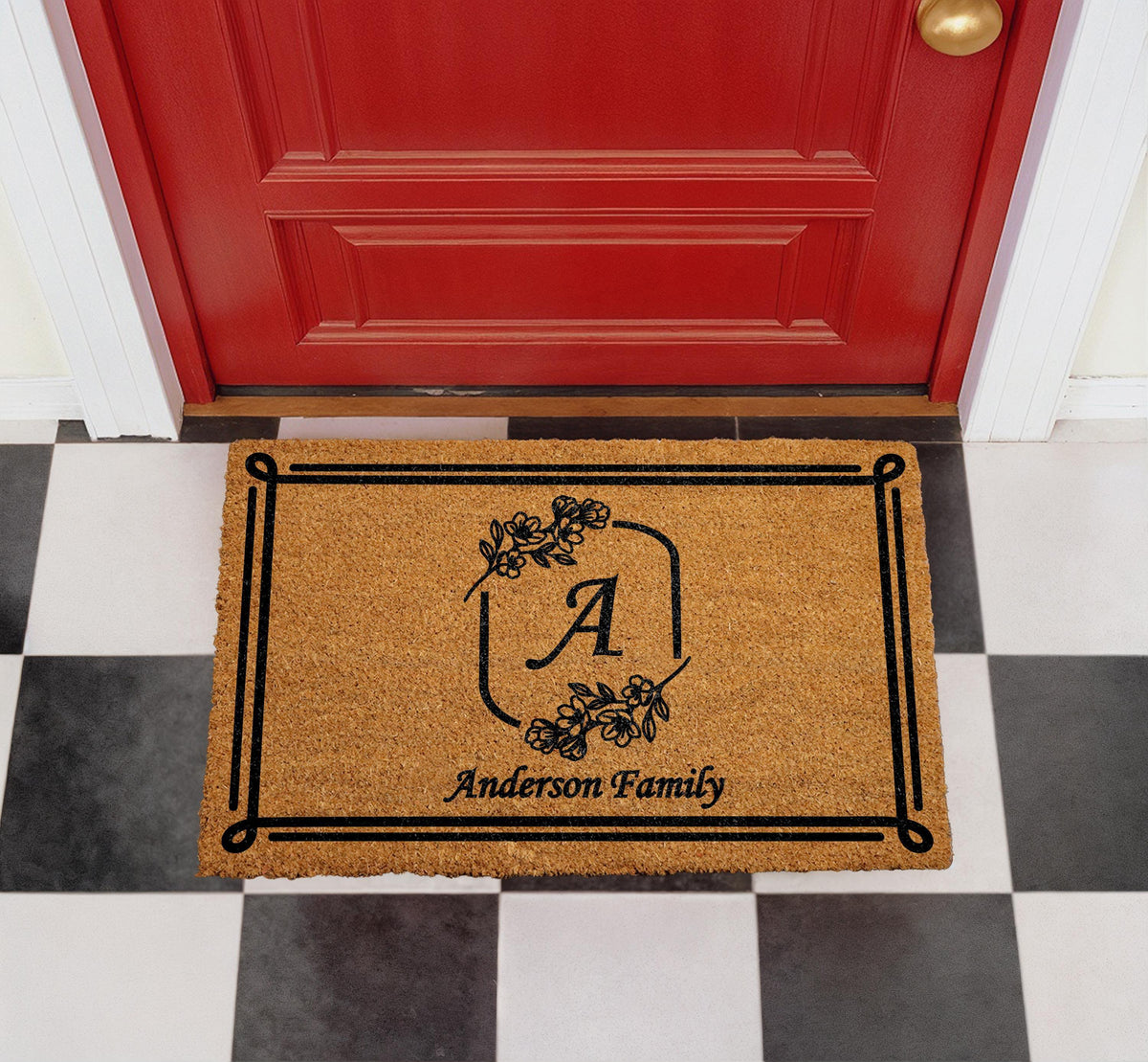 Personalized Floral Monogram Doormat, Custom Family Name Welcome Mat, Outdoor Entry Rug