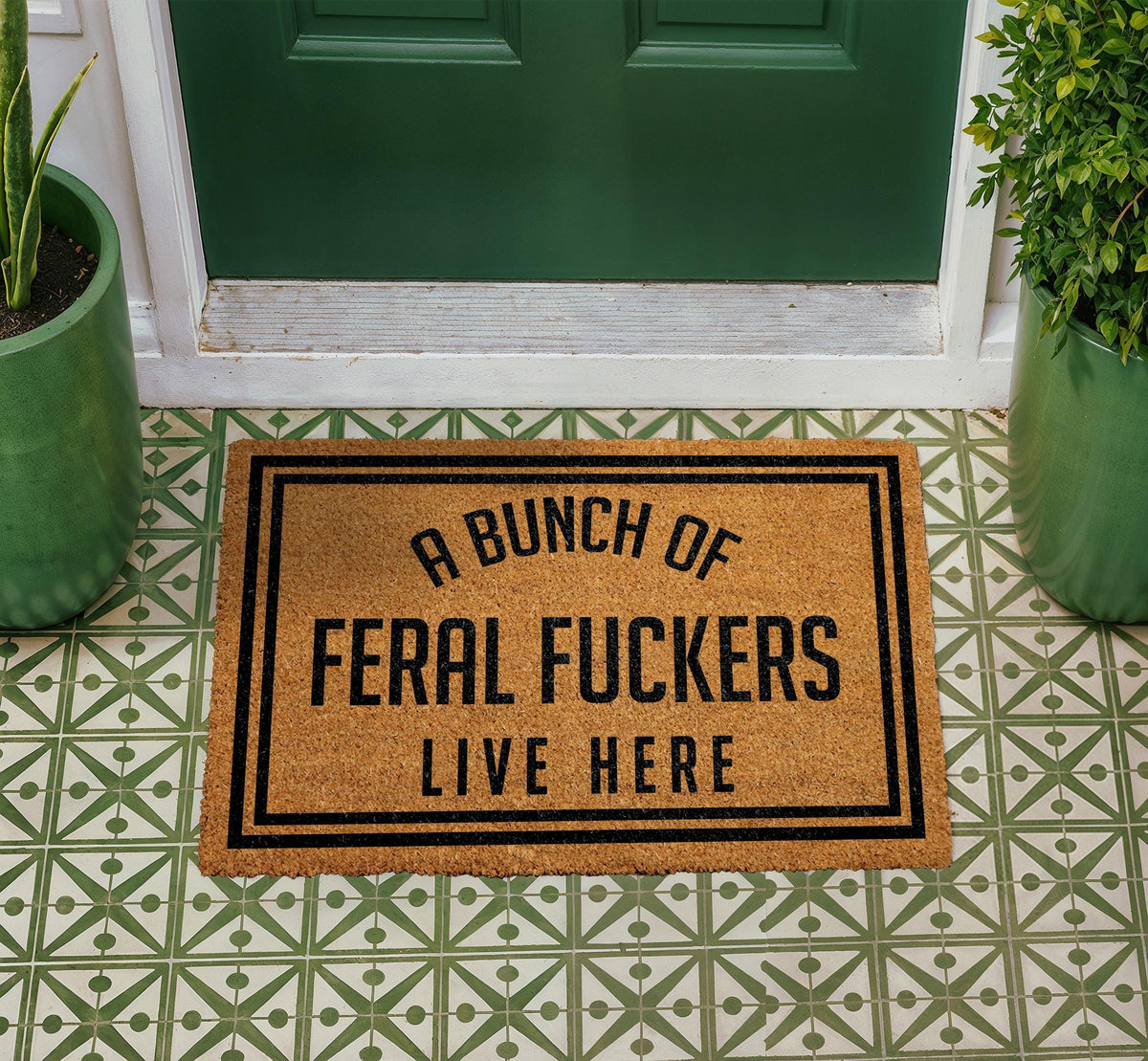 Feral Fuckers Live Here Doormat, Funny Welcome Entryway Mat, Natural Coir Rug