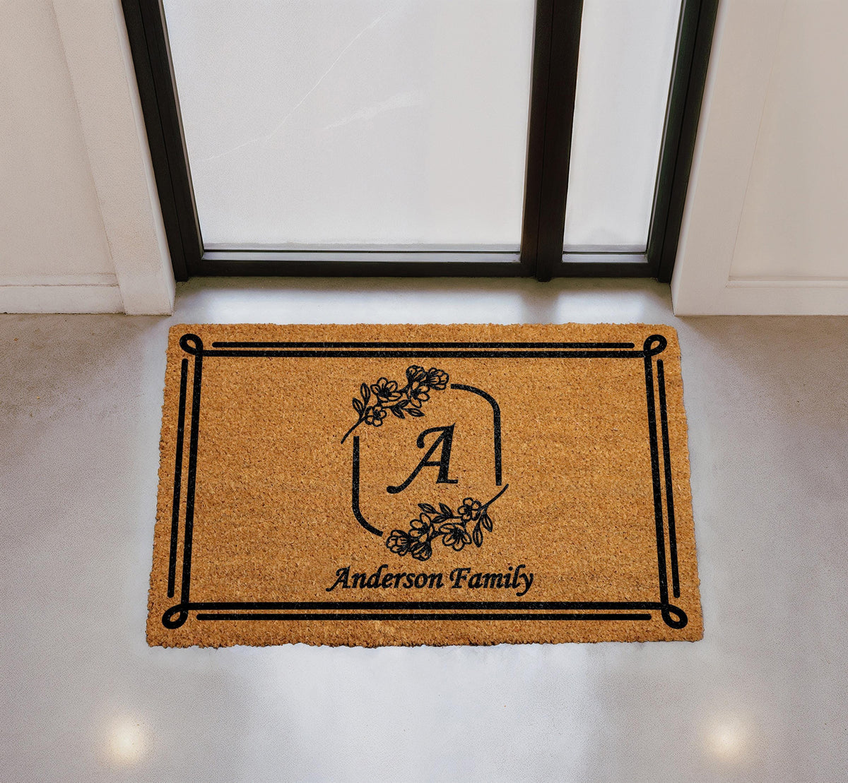 Personalized Floral Monogram Doormat, Custom Family Name Welcome Mat, Outdoor Entry Rug