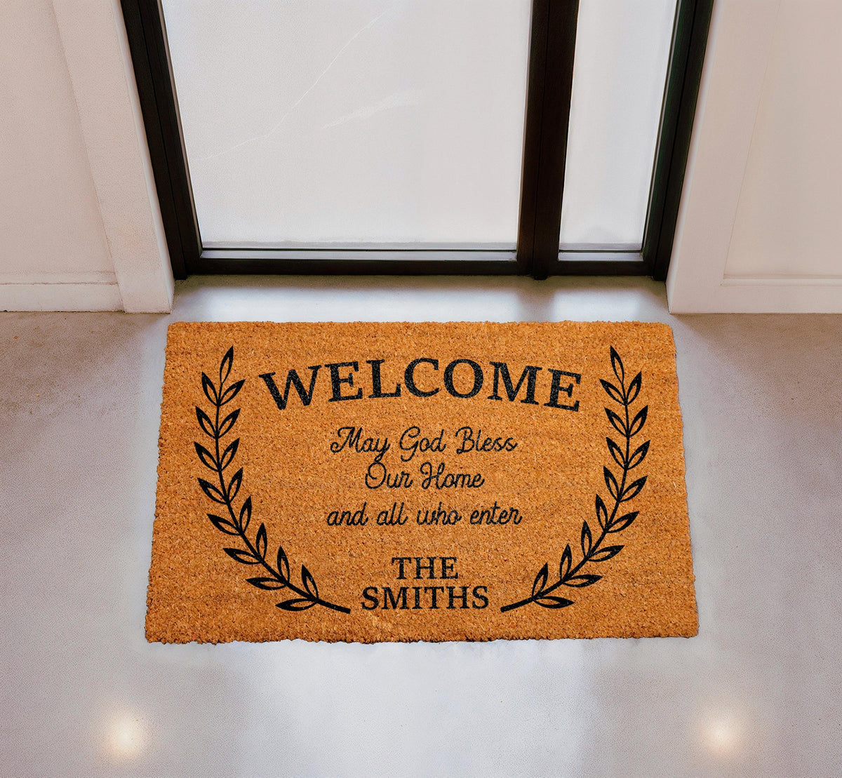 Personalized Coir Doormat, May God Bless Our Home Welcome Mat, Christian Laurel Wreath Rug