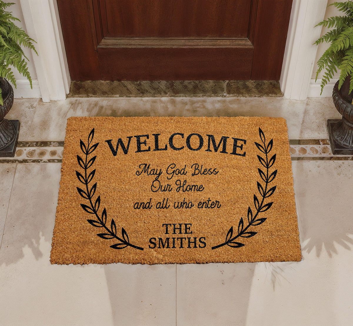 Personalized Coir Doormat, May God Bless Our Home Welcome Mat, Christian Laurel Wreath Rug