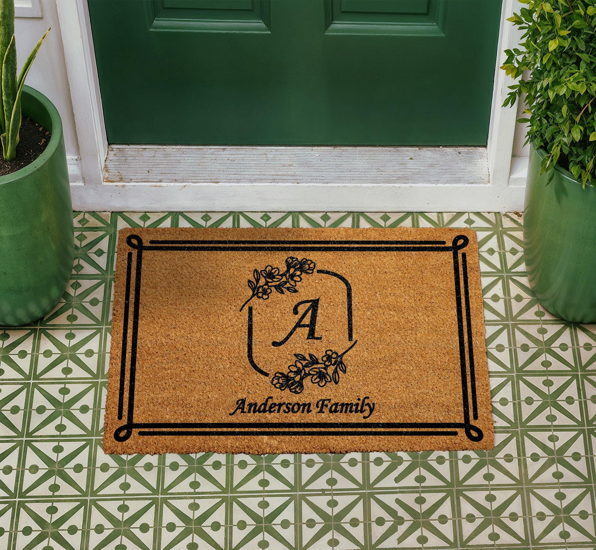 Personalized Floral Monogram Doormat, Custom Family Name Welcome Mat, Outdoor Entry Rug
