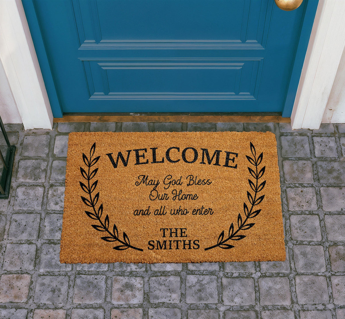 Personalized Coir Doormat, May God Bless Our Home Welcome Mat, Christian Laurel Wreath Rug
