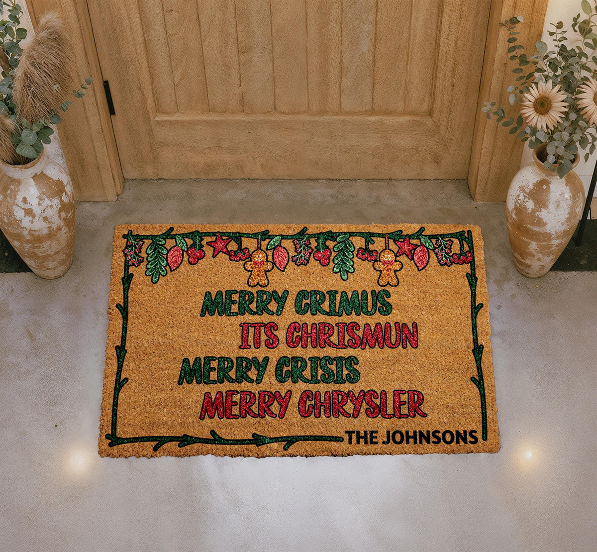 Personalized Merry Christmas Doormat, Custom Family Name Coir Rug, Funny Xmas Porch Decor