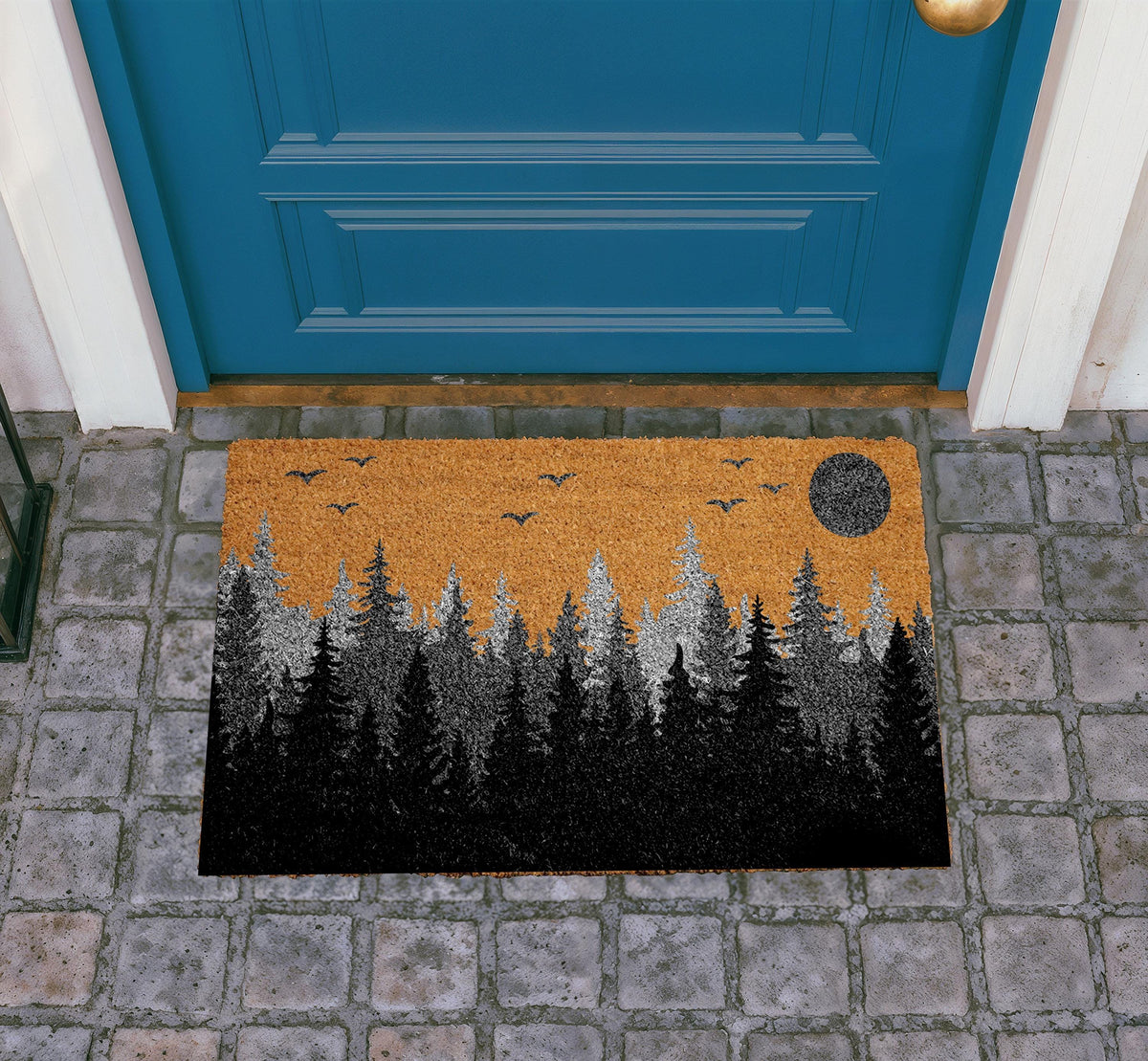Spooky Forest Doormat, Pine Tree Silhouette Welcome Mat, Woodland Night Scene Mat, Nature Inspired Door Mat, Moonlit Sky Entryway Coir Rug
