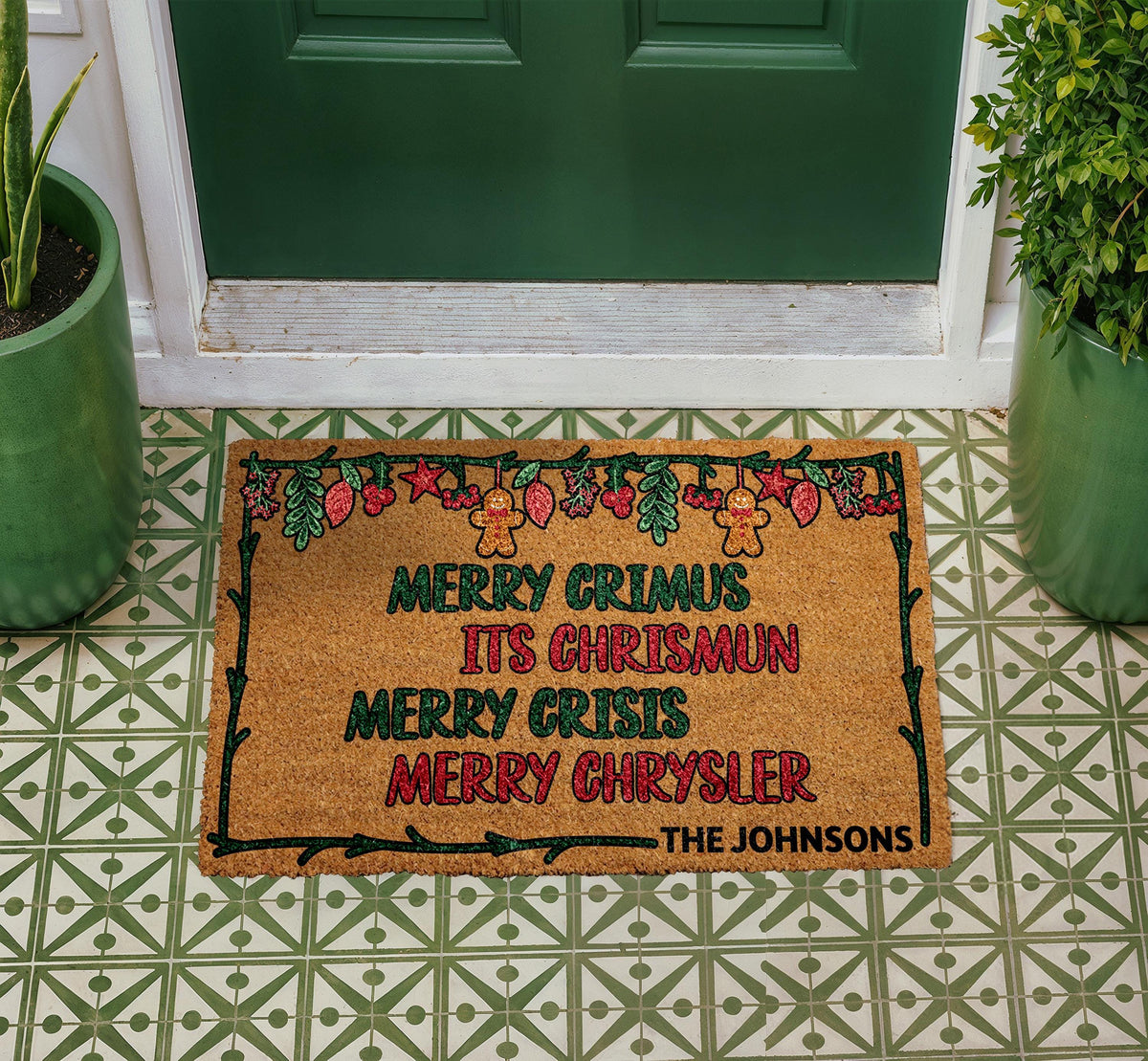 Personalized Merry Christmas Doormat, Custom Family Name Coir Rug, Funny Xmas Porch Decor
