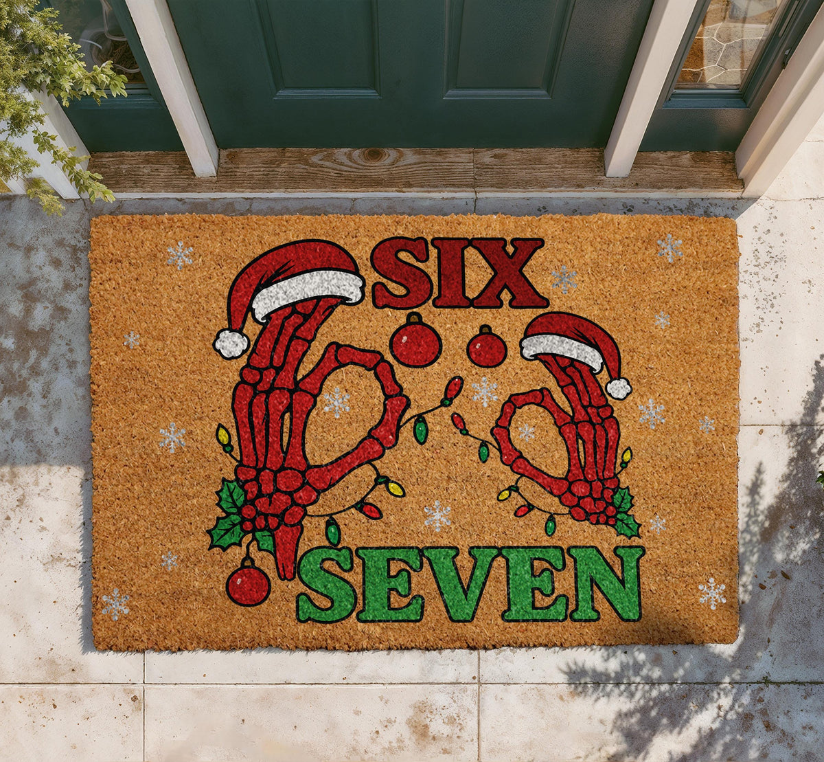 Skeleton Christmas Doormat, SIX SEVEN Meme Welcome Mat, Spooky Xmas Porch Decor