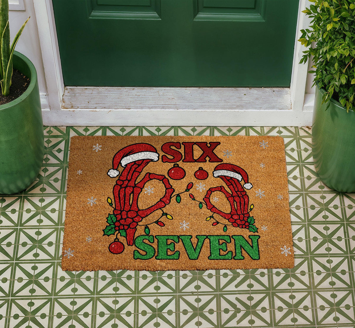 Skeleton Christmas Doormat, SIX SEVEN Meme Welcome Mat, Spooky Xmas Porch Decor