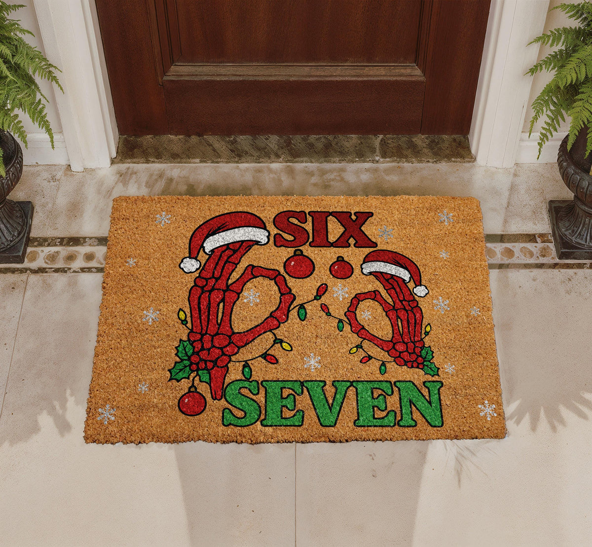 Skeleton Christmas Doormat, SIX SEVEN Meme Welcome Mat, Spooky Xmas Porch Decor