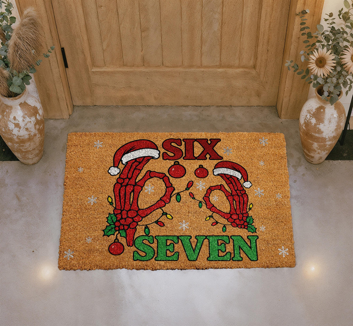 Skeleton Christmas Doormat, SIX SEVEN Meme Welcome Mat, Spooky Xmas Porch Decor