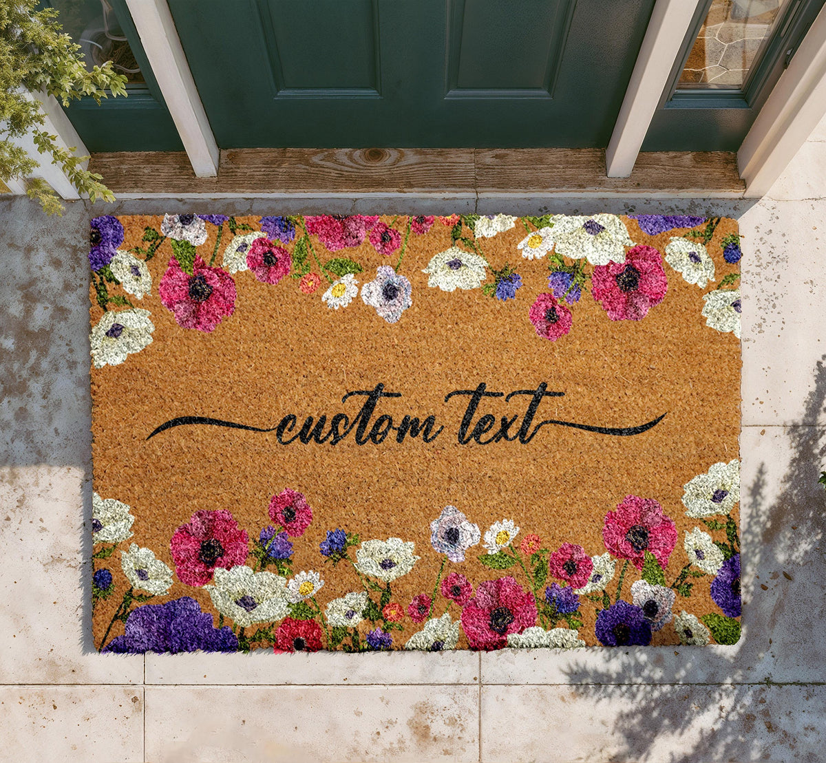 Personalized Floral Coir Doormat, Custom Welcome Mat, Botanical Entryway Rug