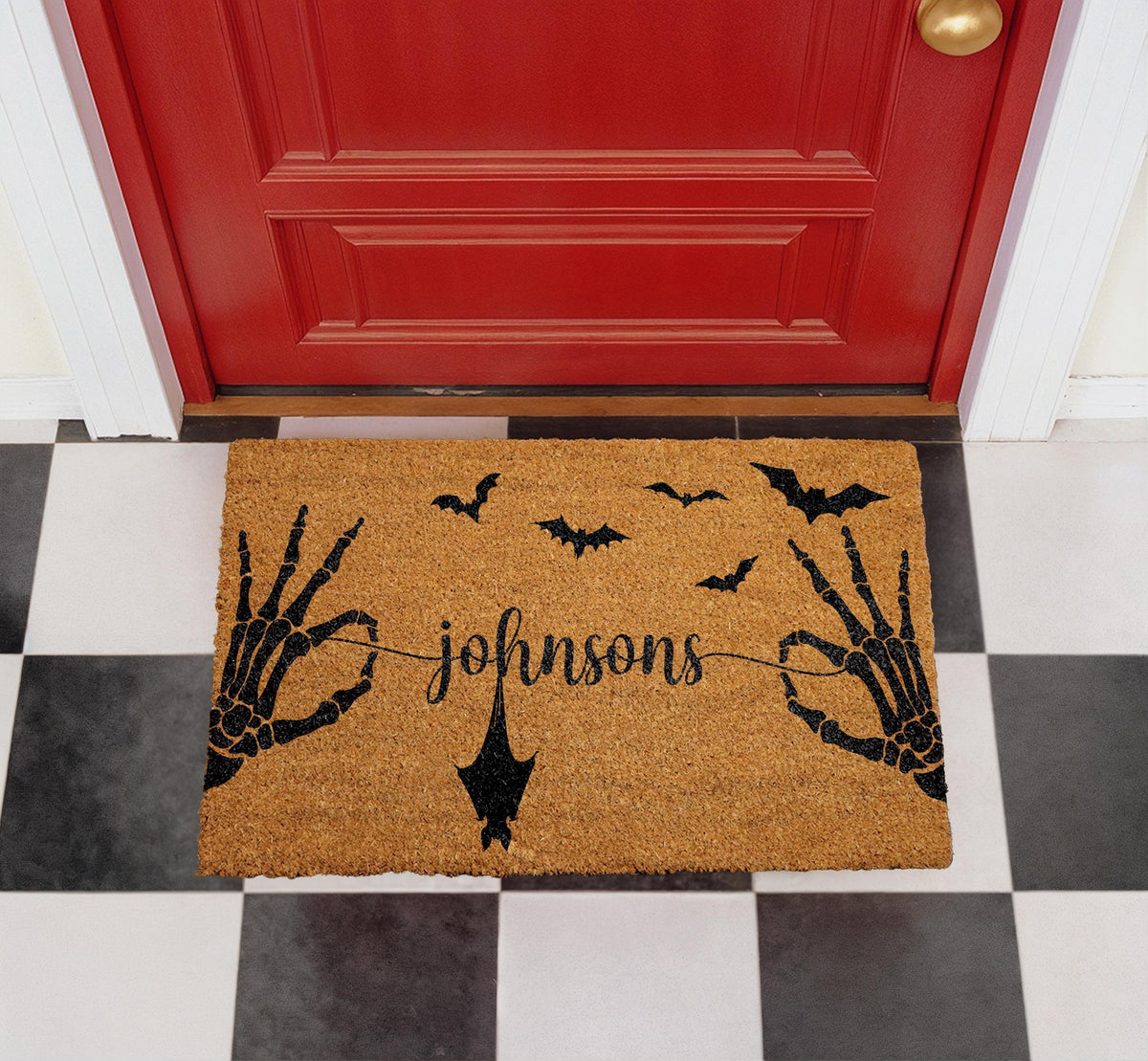 Personalized Halloween Doormat, Custom Family Name, Skeleton Hands, Bats, Gothic Entry Rug