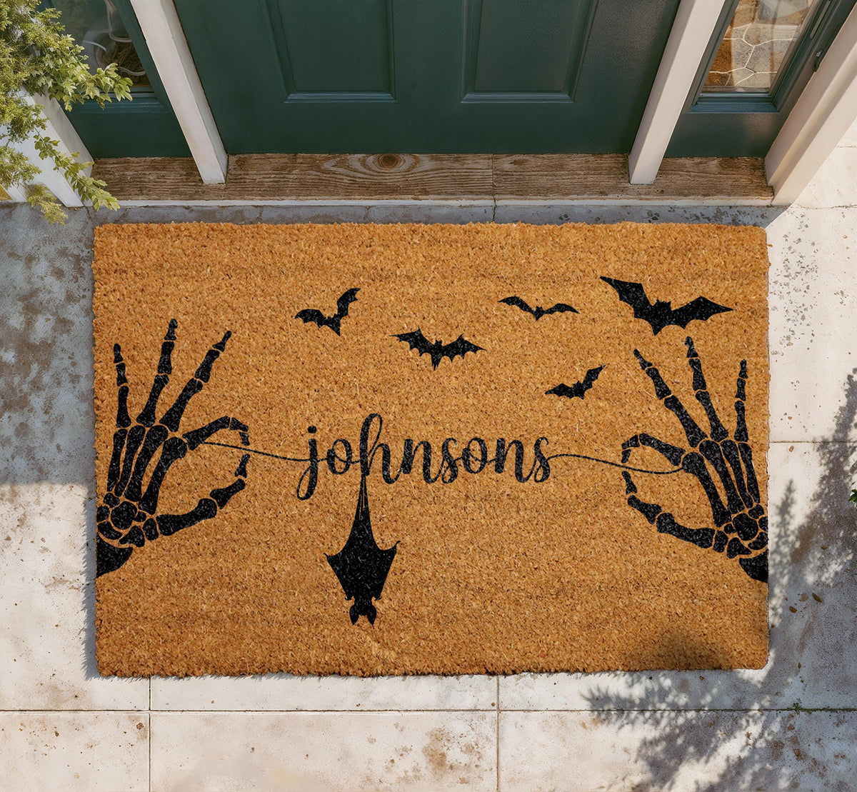 Personalized Halloween Doormat, Custom Family Name, Skeleton Hands, Bats, Gothic Entry Rug