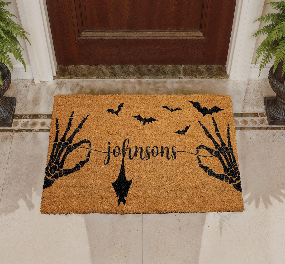 Personalized Halloween Doormat, Custom Family Name, Skeleton Hands, Bats, Gothic Entry Rug