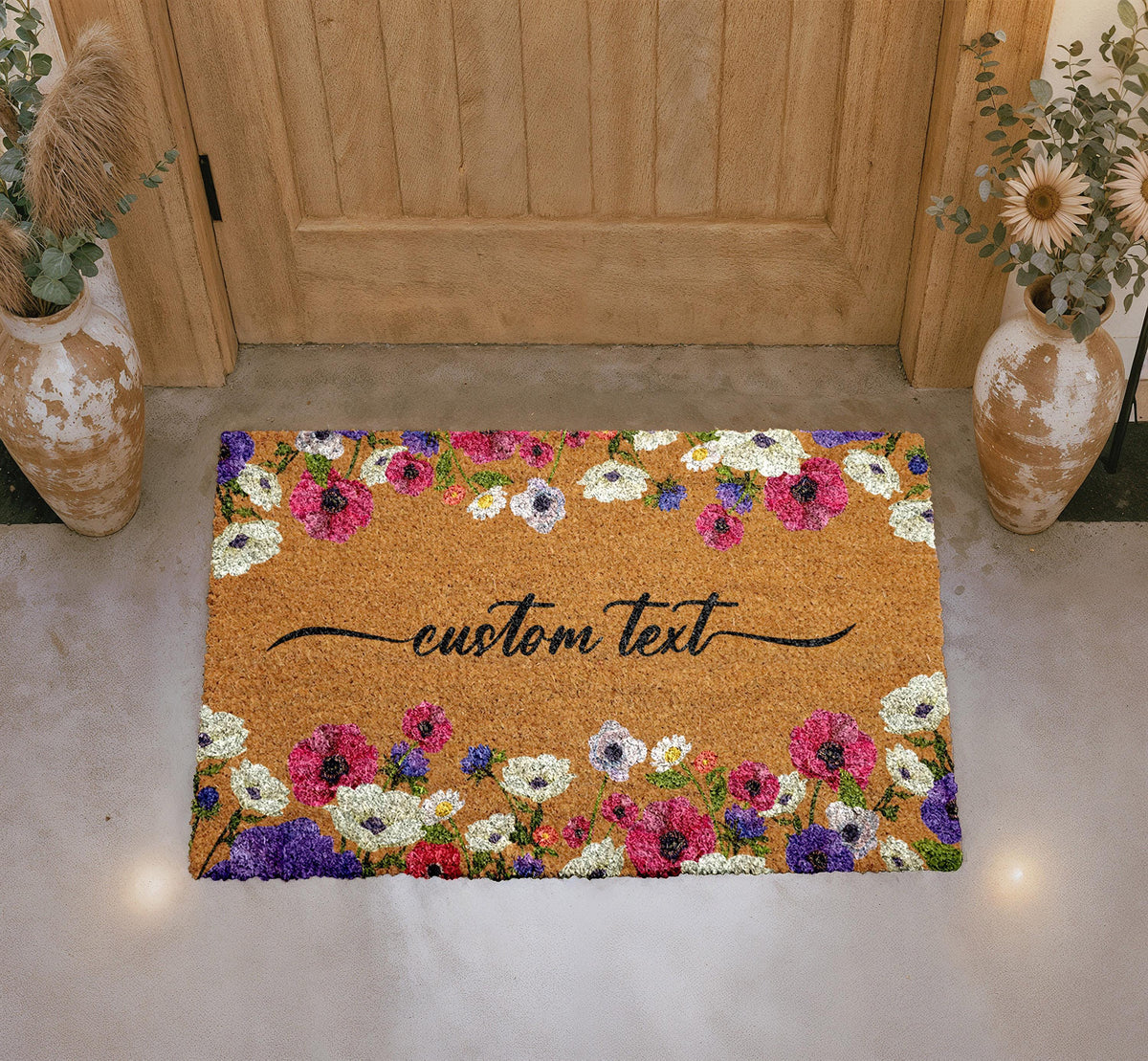 Personalized Floral Coir Doormat, Custom Welcome Mat, Botanical Entryway Rug