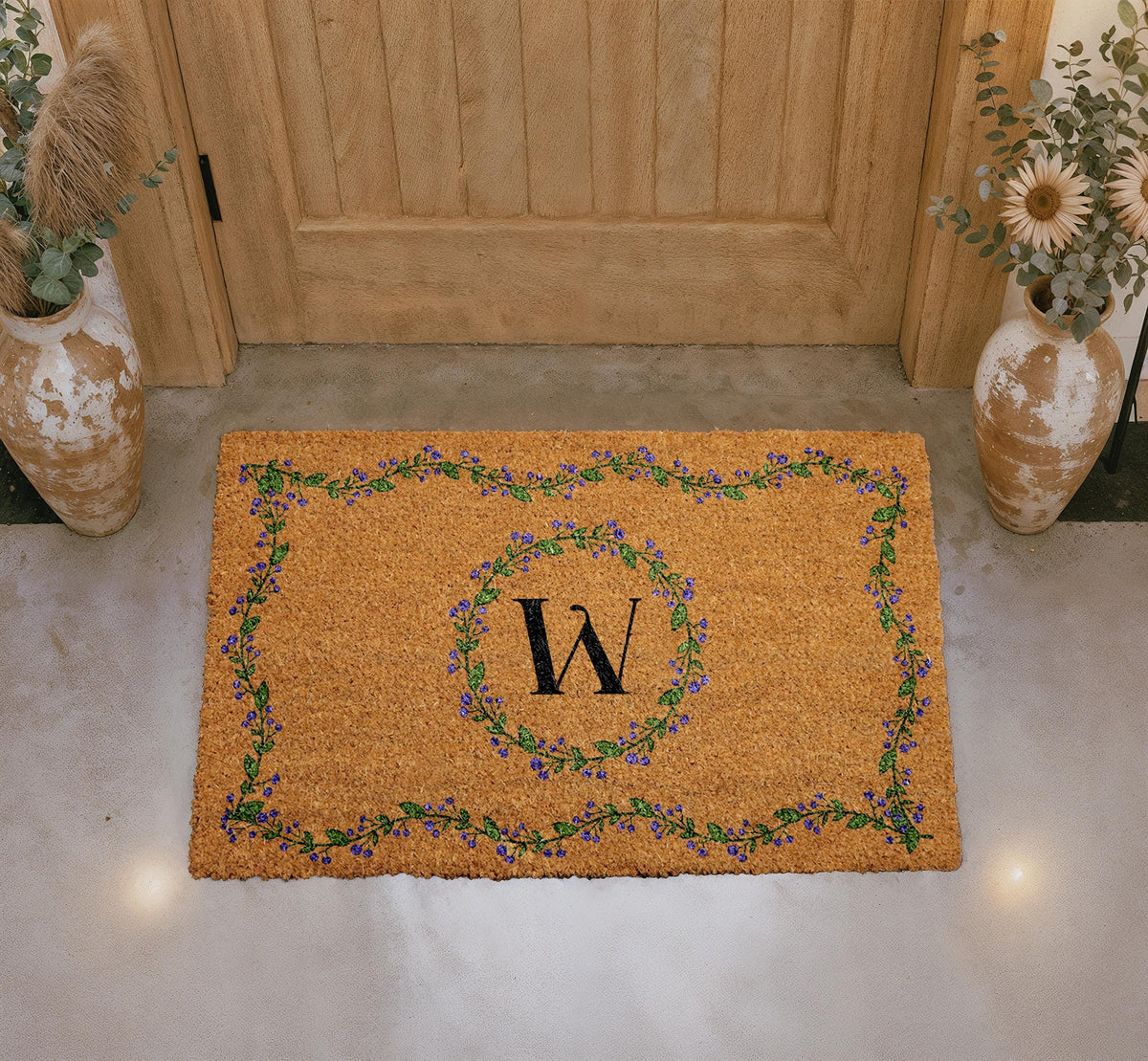 Personalized Monogram Doormat, Custom Initial Welcome Mat, Floral Outdoor Mat, Elegant Letter Door Mat, Seasonal Porch Mat, Natural Coir Mat