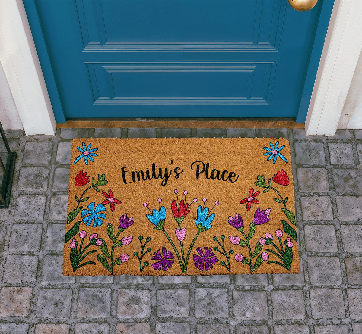 Personalized Floral Coir Doormat, Custom Family Name Welcome Mat, Outdoor Entry Rug