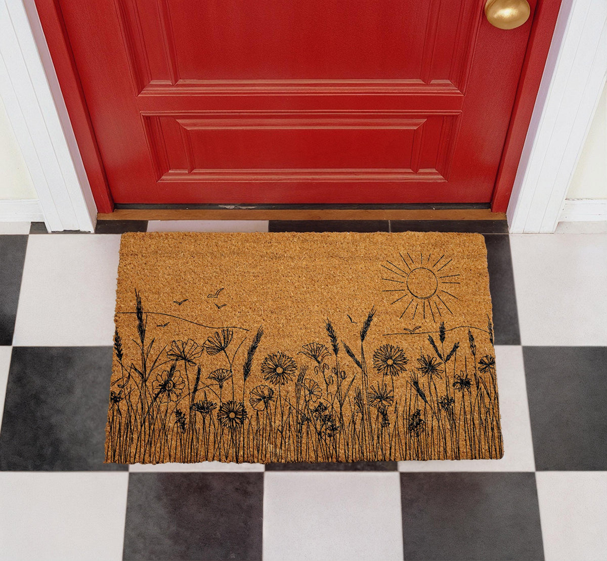 Wildflower Meadow Doormat, Rustic Botanical Landscape, Farmhouse Front Porch Coir Mat