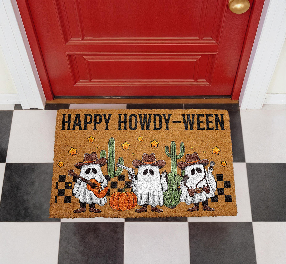 Happy Howdy-Ween Doormat, Cowboy Ghost Welcome Mat, Outdoor Coir Mat (16"x24")