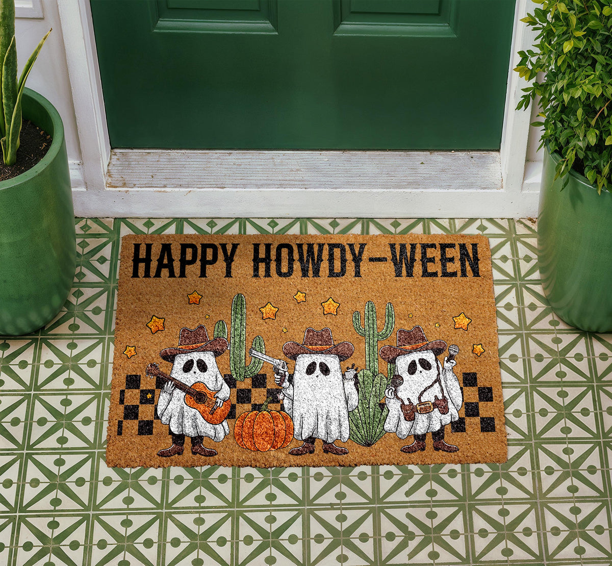 Happy Howdy-Ween Doormat, Cowboy Ghost Welcome Mat, Outdoor Coir Mat (16"x24")