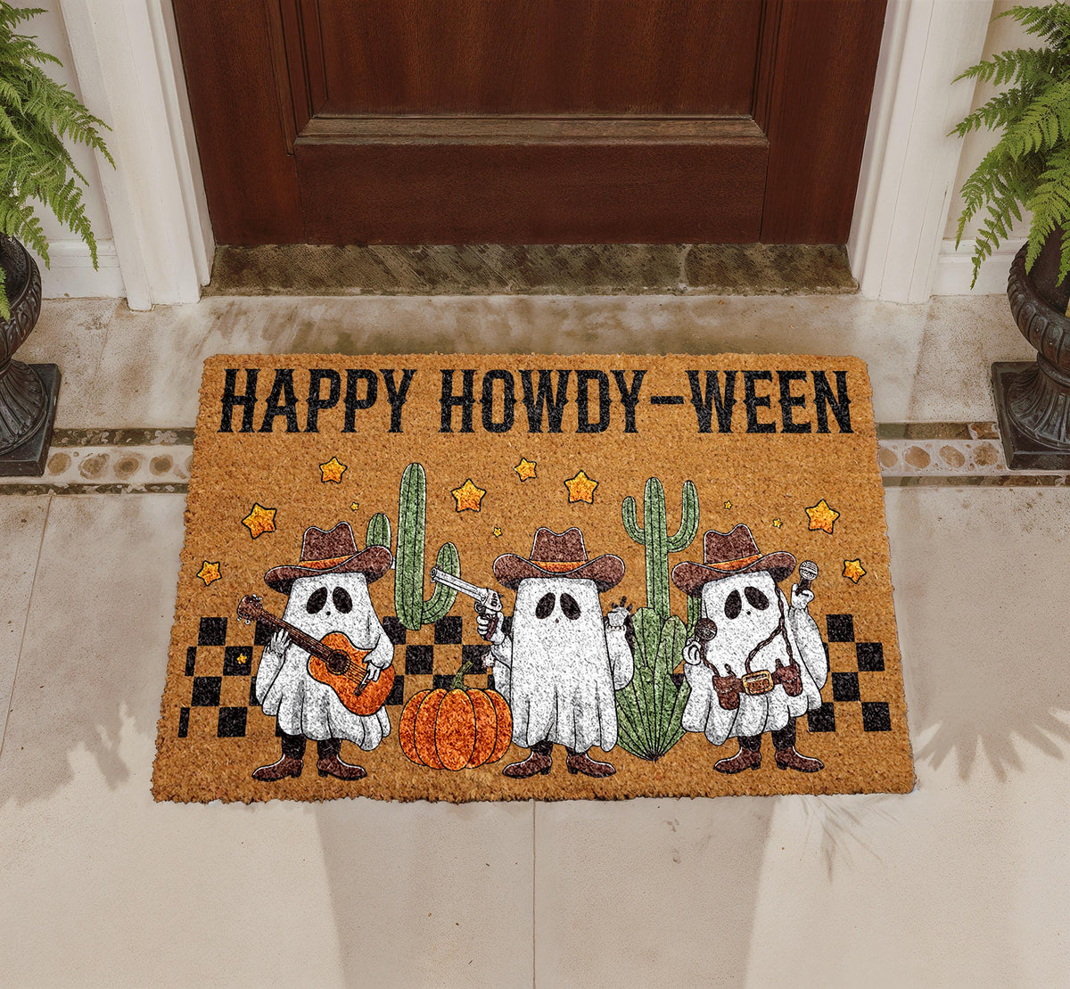 Happy Howdy-Ween Doormat, Cowboy Ghost Welcome Mat, Outdoor Coir Mat (16"x24")