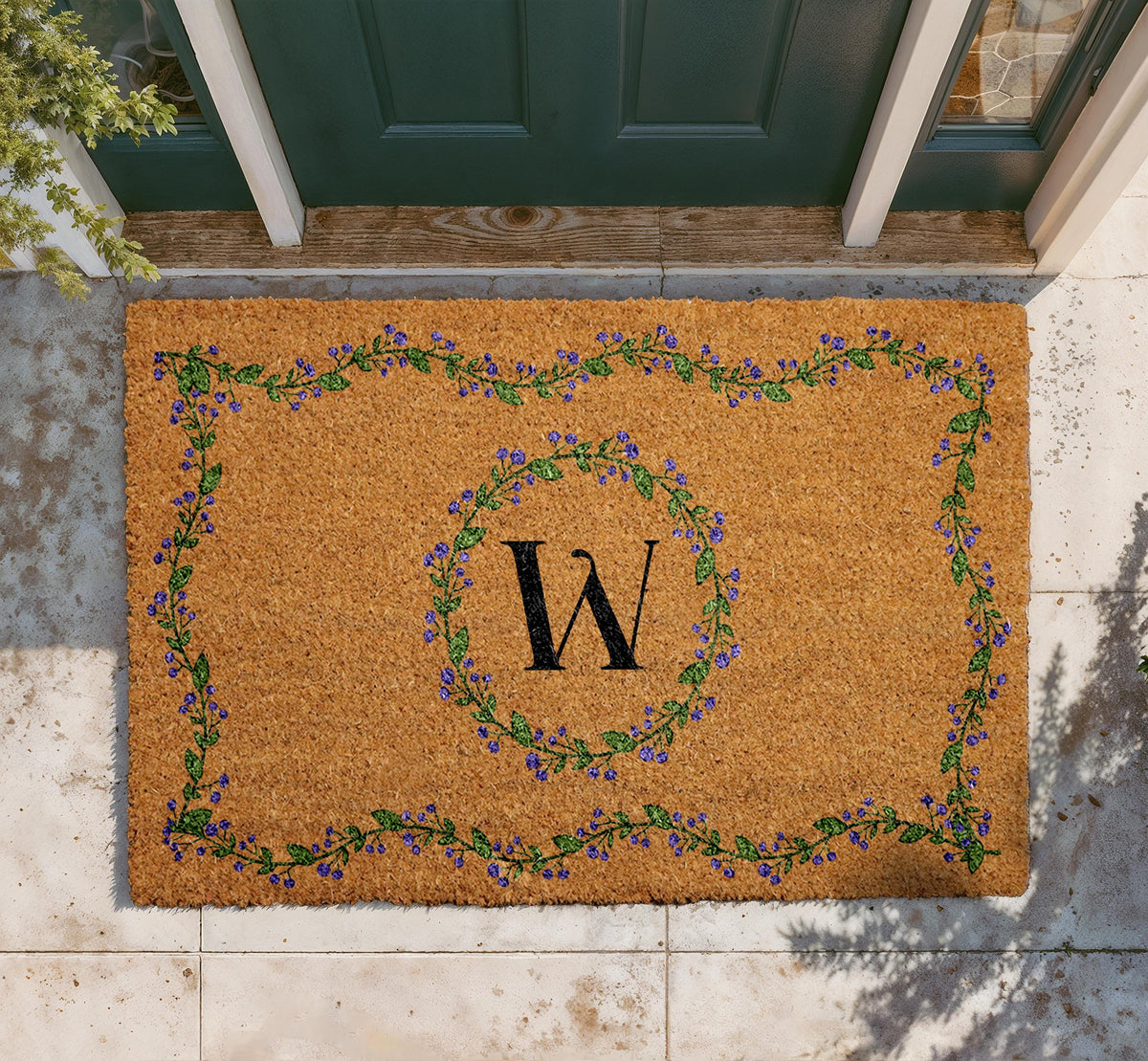Personalized Monogram Doormat, Custom Initial Welcome Mat, Floral Outdoor Mat, Elegant Letter Door Mat, Seasonal Porch Mat, Natural Coir Mat